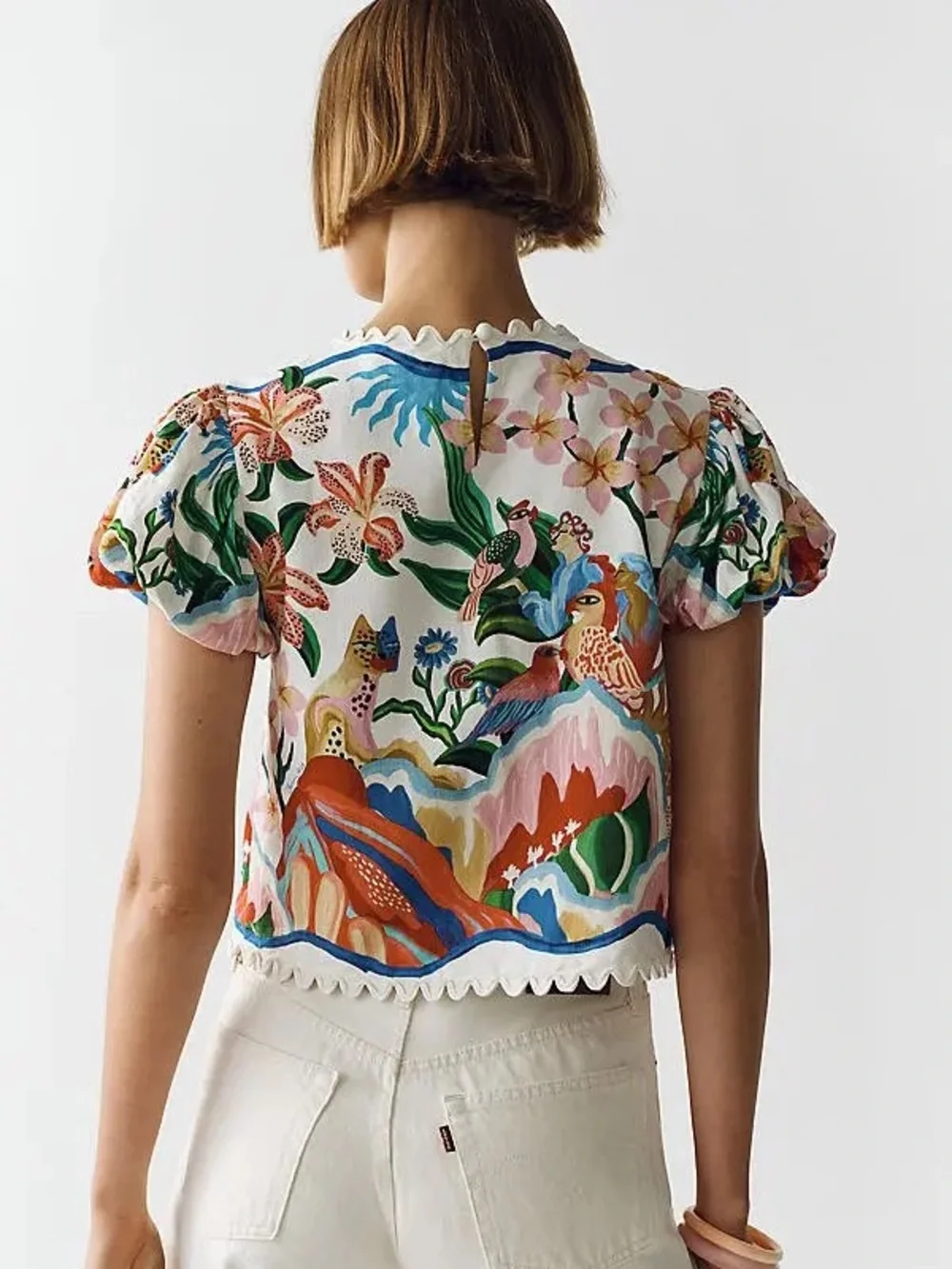 NWT Farm Rio Garden of Life Scalloped Linen Blend Blouse Size S